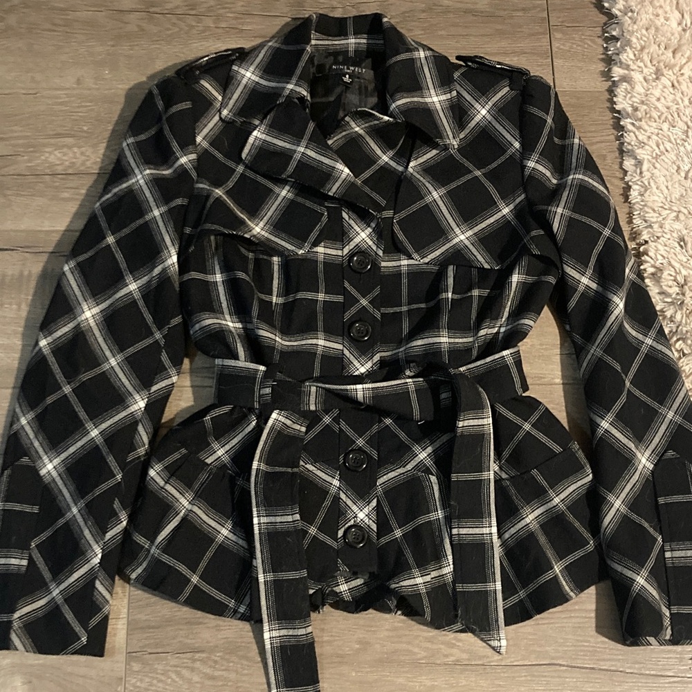 Nine West Black and White Plaid Trench Coat